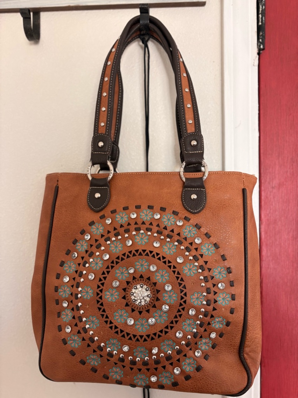 Women's Tan Floral Studded Hobo Tote Bag - Fashion Shoulder Bag